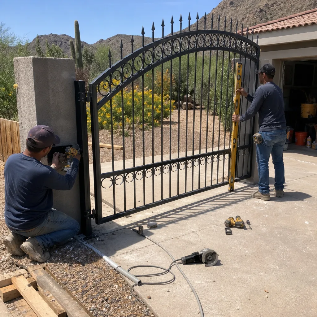 Two technicians installing a decorative black metal driveway gate