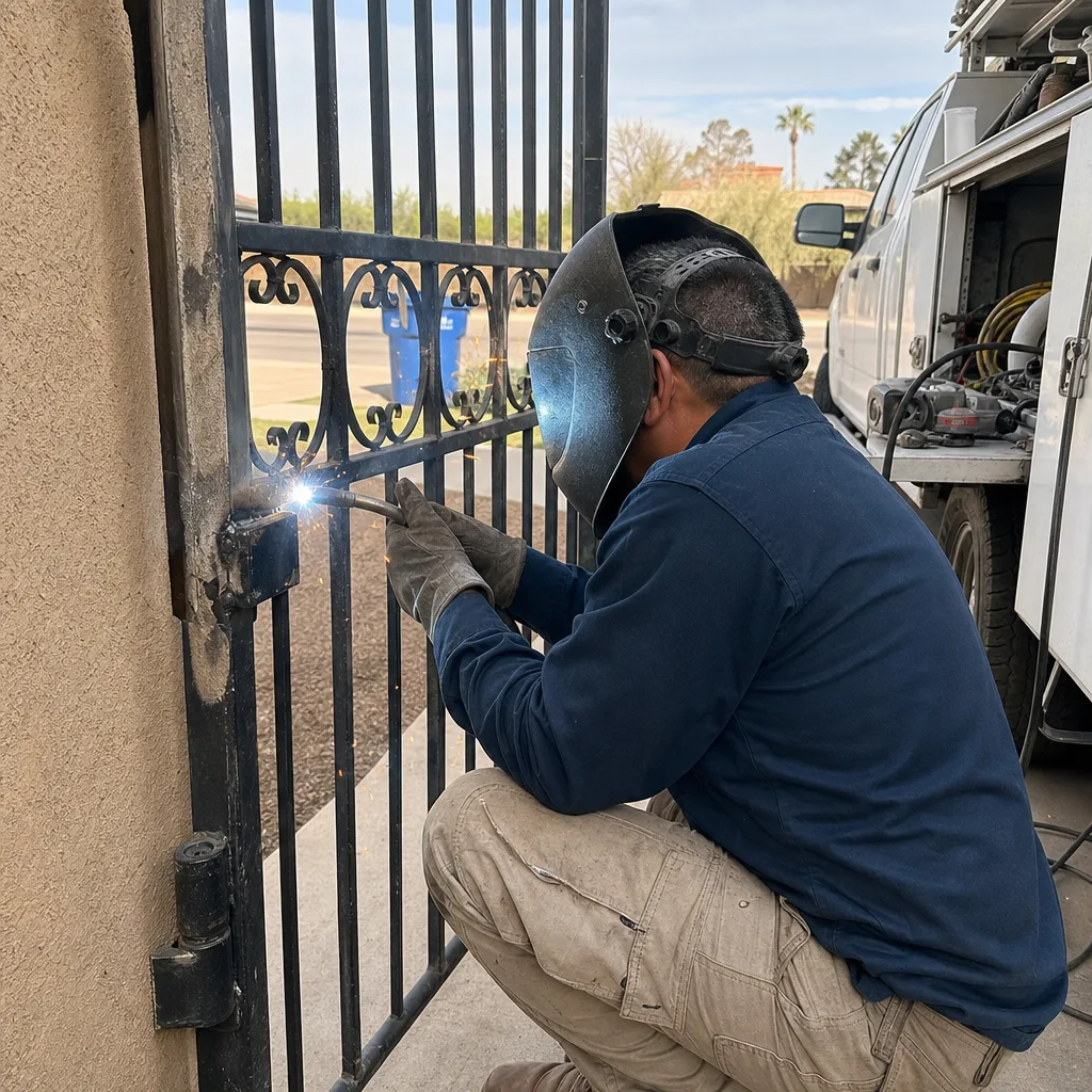 Professional welder performing metal gate hinge repair