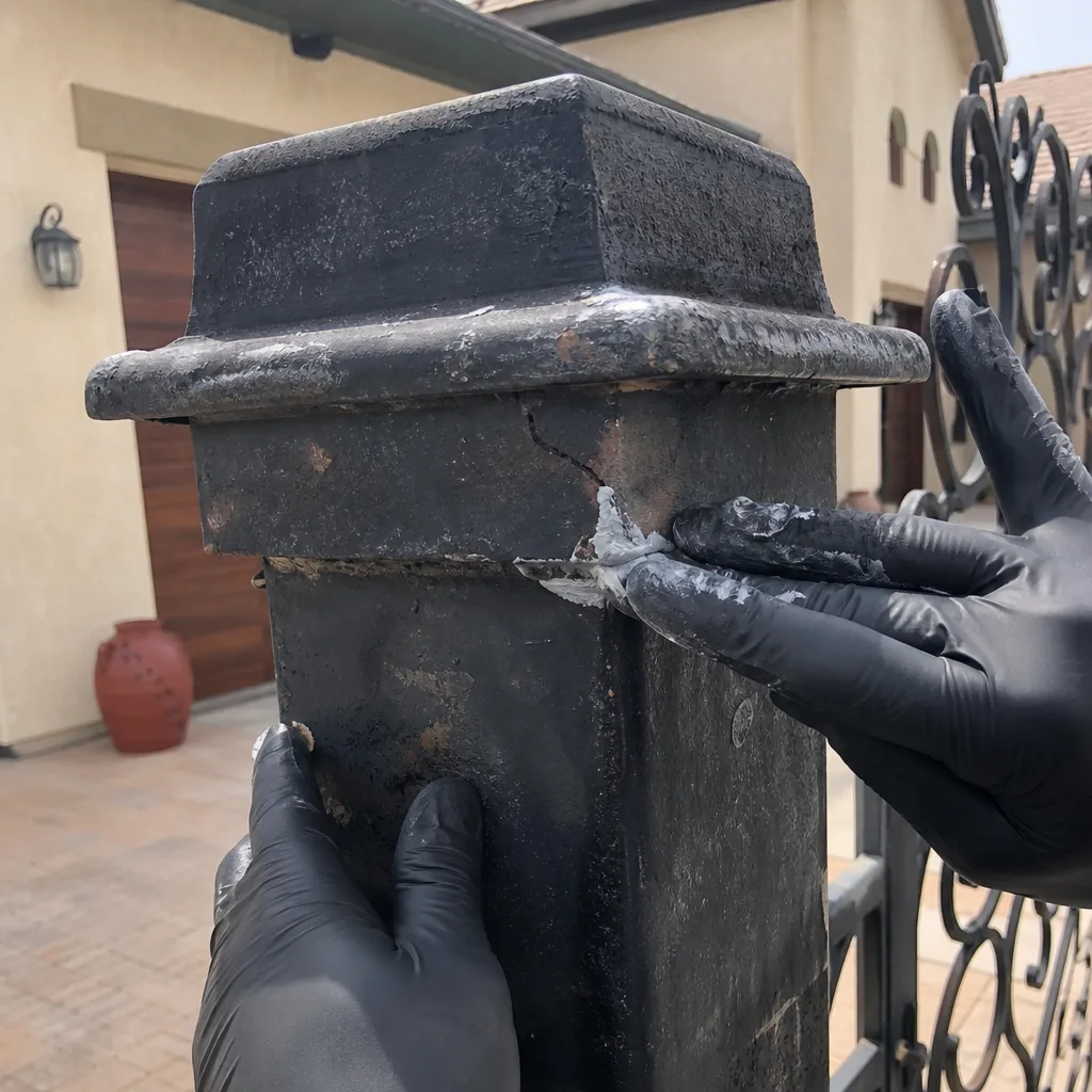 professional using filler for metal gate post repair