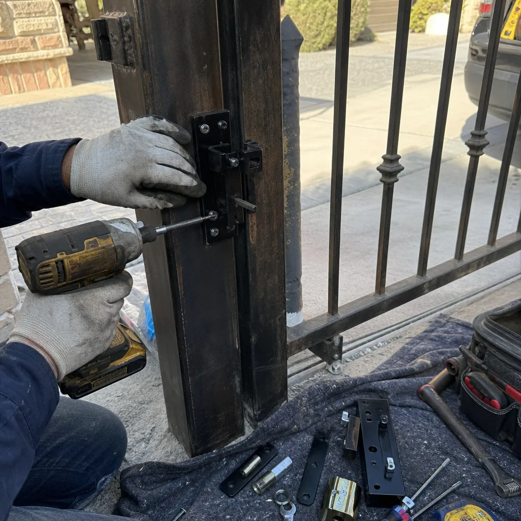 Technician using a power drill to repair a metal gate latch